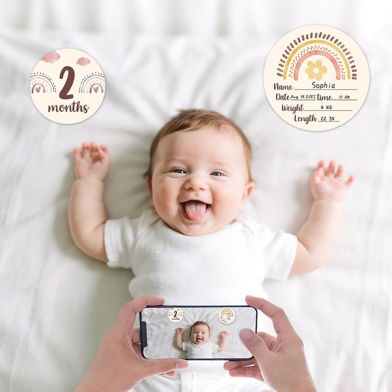 MCIAONE Baby Monthly Milestone Cards Sign - Double Sided Wooden Milestone Cards with Rainbow Design, Wooden Circles Discs for Photo Props Birth Announcement Board, Baby Shower/Gift Newborn Sign Set(13pcs) - Image 5